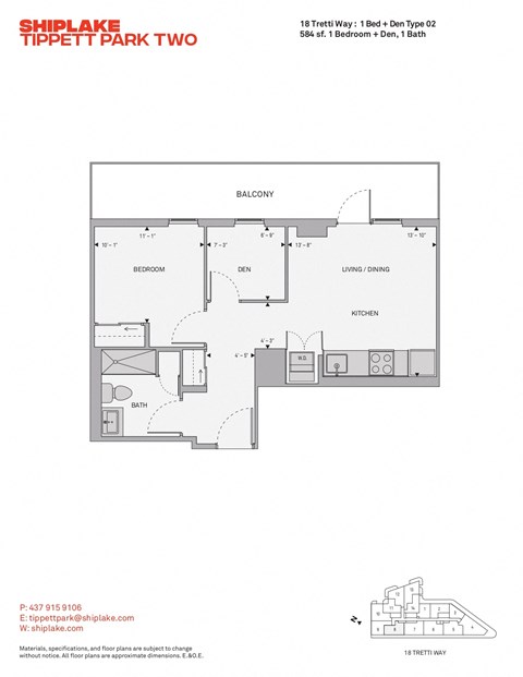 Floor plan for 1 bed, 1 bath, 584 sqft